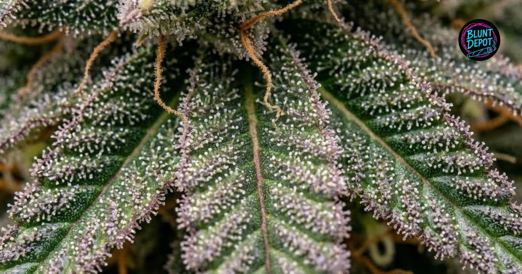 Extreme macro view of a Trop Cherry weed strain leaf encrusted with potent trichomes.