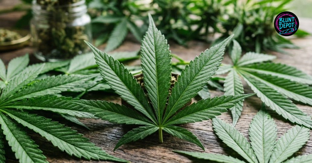 Characteristic leaves of the Rainbow Runtz hybrid strain pictured with jars of finished premium buds.