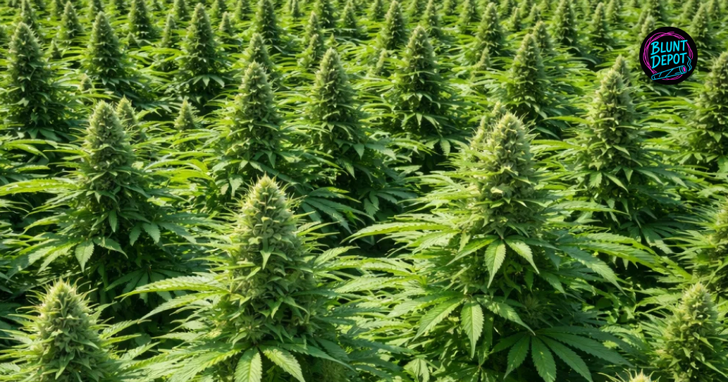 Wide-angle view of a commercial indoor cannabis grow room filled with flowering Cotton Candy weed strain plants.