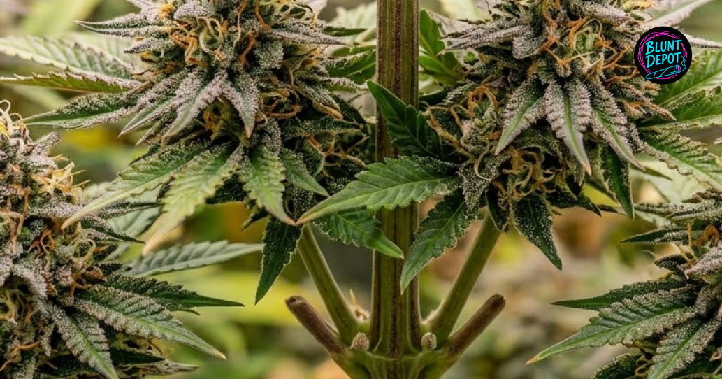 Wide-angle shot of a large field of flowering Watermelon Z weed strain plants under the sun.