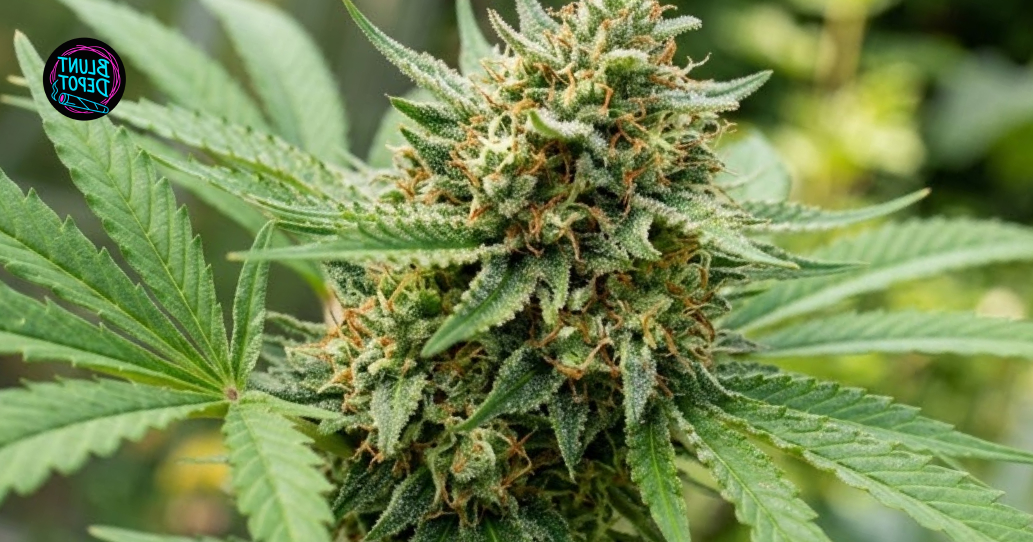 Close-up of a large, frosty Jokerz weed strain cannabis bud surrounded by healthy fan leaves.