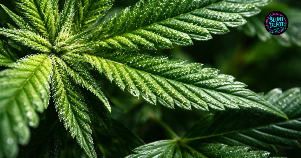Close-up of green cannabis leaves from a Cherry Runtz weed strain plant covered in white resin.