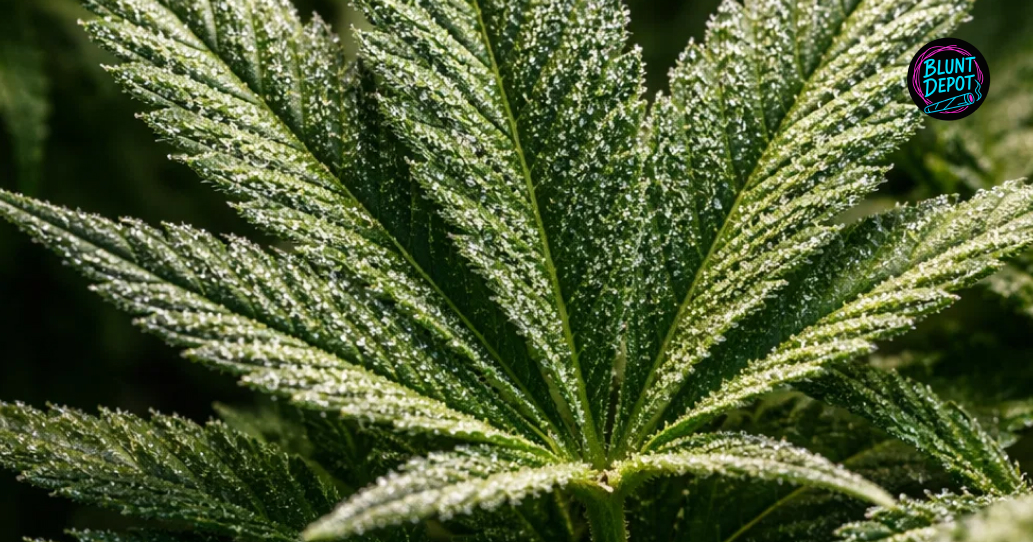 Close-up of a green cannabis fan leaf from the Red Velvet weed strain covered in sparkling trichomes.