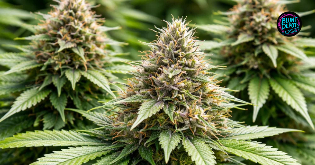 A row of flowering Guava weed strain cannabis plants with large, frosty main colas.