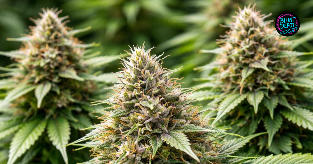 A close-up view of flowering Lemon Cherry Gelato weed strain buds sparkling with translucent and amber trichomes.