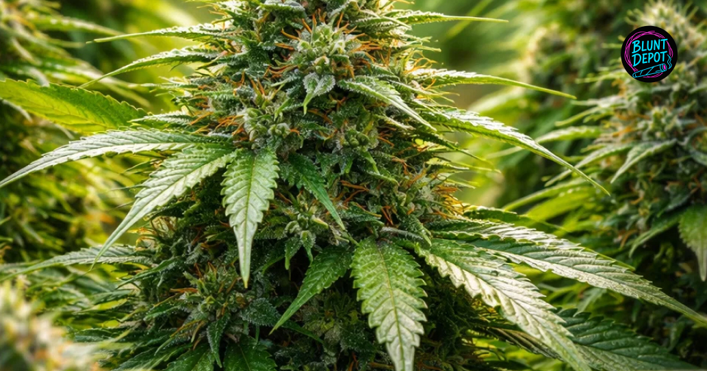 A close-up view of a flowering Carbon Fiber weed strain bud sparkling with translucent and amber-colored trichomes.