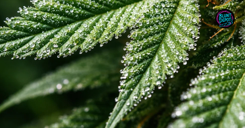 A top-down view of vibrant green cannabis leaves covered in a sparkling layer of white resin.