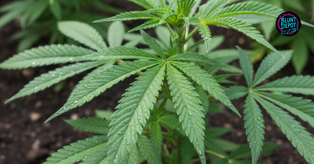 A detailed view of healthy green cannabis fan leaves from a Haze plant sparkling with resinous crystals.