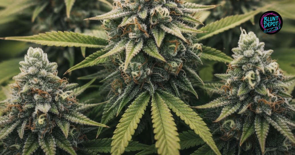 A close-up view of healthy green cannabis fan leaves from a Limoncello plant covered in sparkling resin.