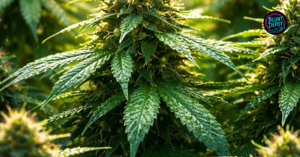 Close-up view of healthy green cannabis fan leaves from a Cali Kush plant covered in sparkling trichomes.