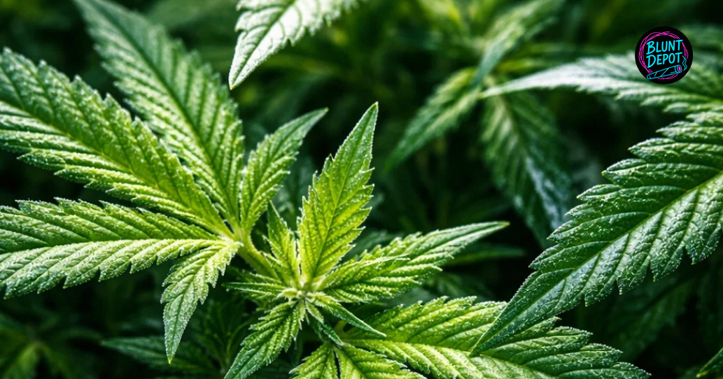 Close-up view of healthy green cannabis fan leaves from a Grape Pie plant sparkling with white resinous crystals.