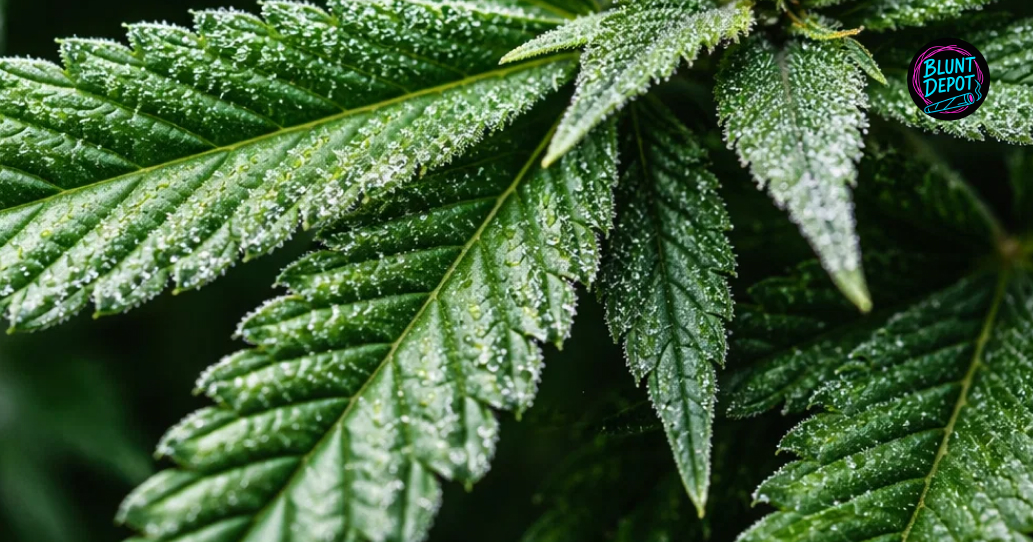 A detailed view of a White Fire OG strain bud highlighting its "white" frosty appearance and resinous texture.