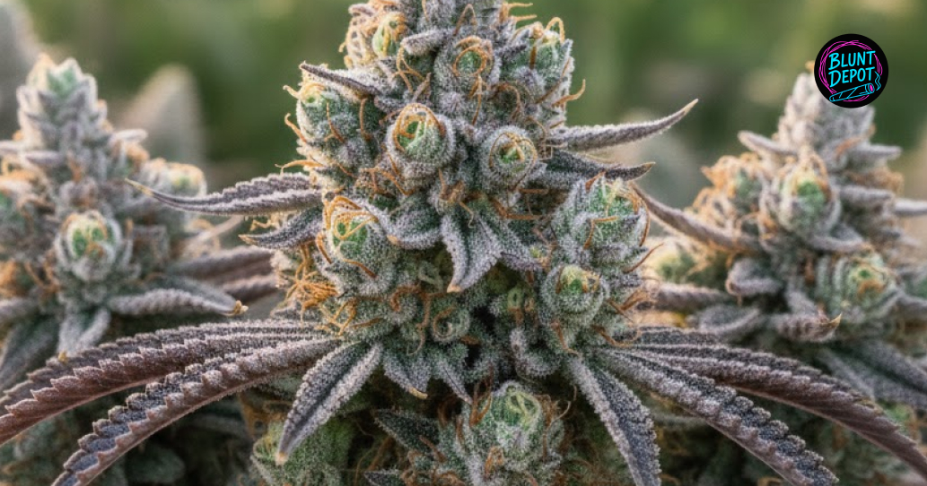 Detailed macro shot focusing on the resin density and frosty appearance of an Amnesia cannabis flower.