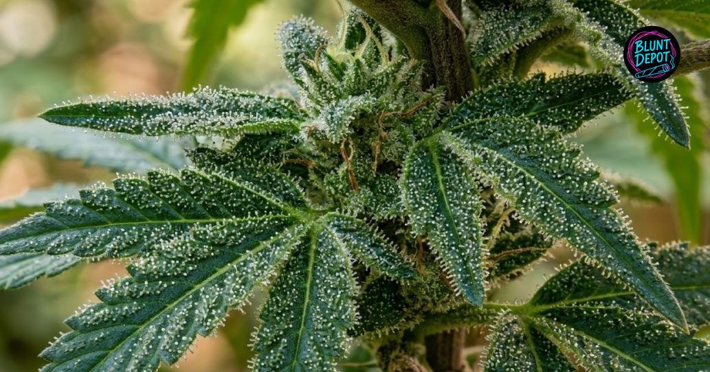A macro close-up of a green cannabis leaf from a Nerds strain plant heavily dusted with white resin glands.