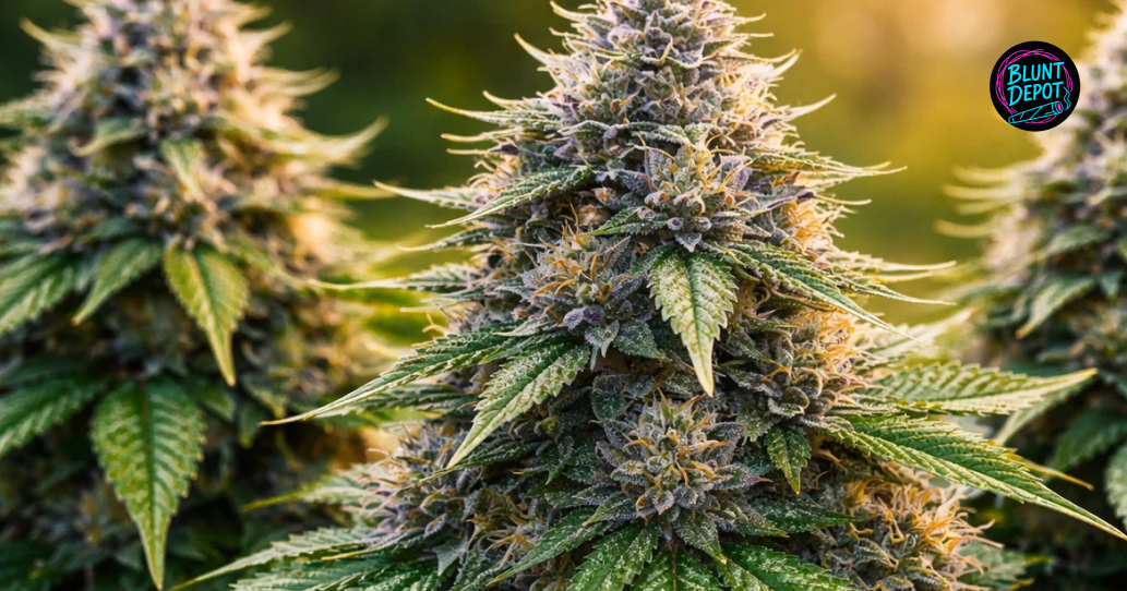 A macro close-up of a green cannabis leaf from a Nerds strain plant heavily dusted with white resin glands.