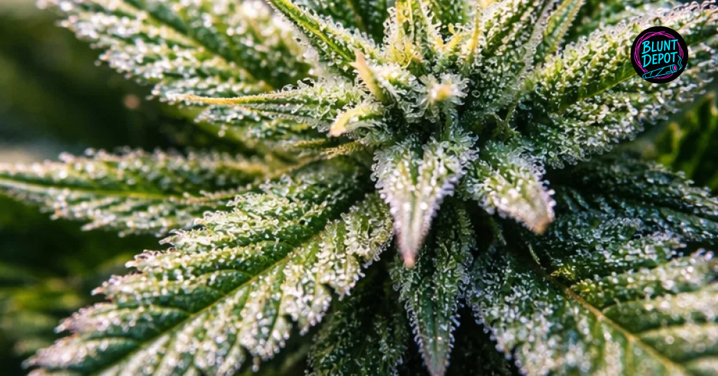 A macro close-up of a green cannabis sugar leaf from the HeadBang strain coated in milky white trichomes.