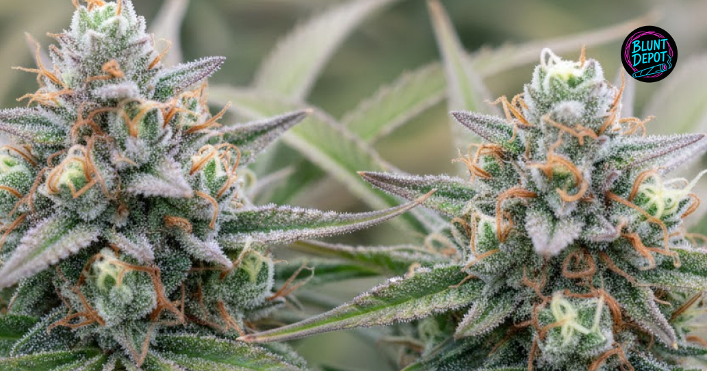 Macro close-up of a vibrant green cannabis leaf from a Galactic Jack strain plant covered in sparkling white trichomes.
