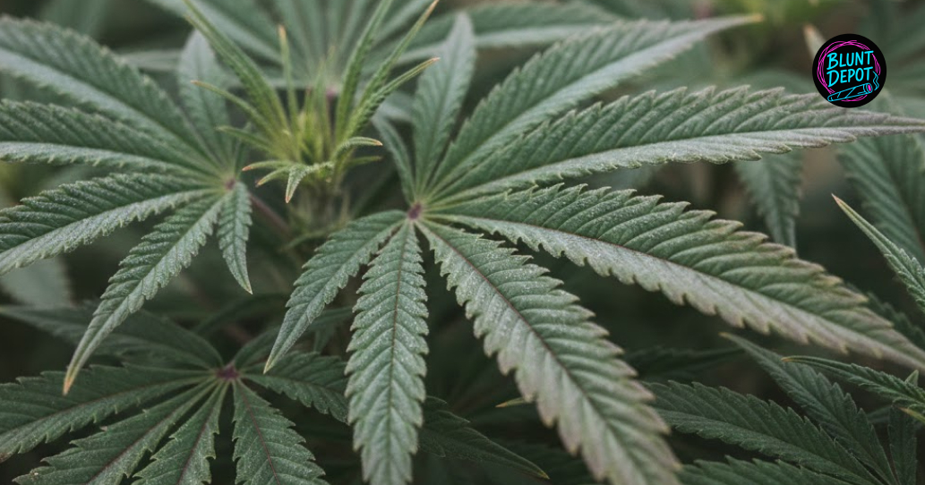 A macro close-up of a green cannabis sugar leaf from the Mango Kush strain coated in milky white trichomes.