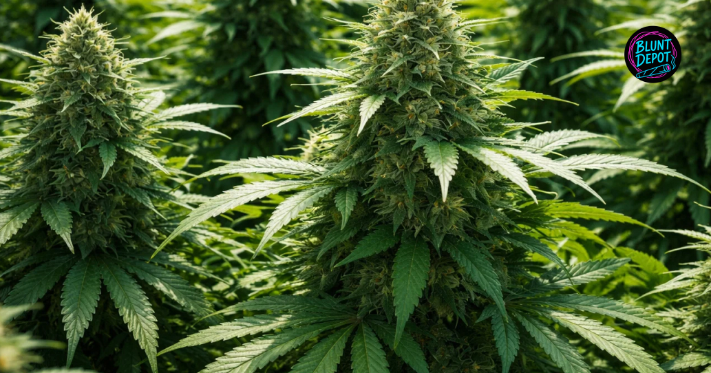 Macro close-up of a vibrant green cannabis sugar leaf from a Motorbreath strain plant covered in sparkling white trichomes.