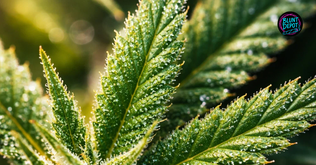 Extreme macro of Durban Poison weed strain showing crystal trichomes on premium cannabis buds.
