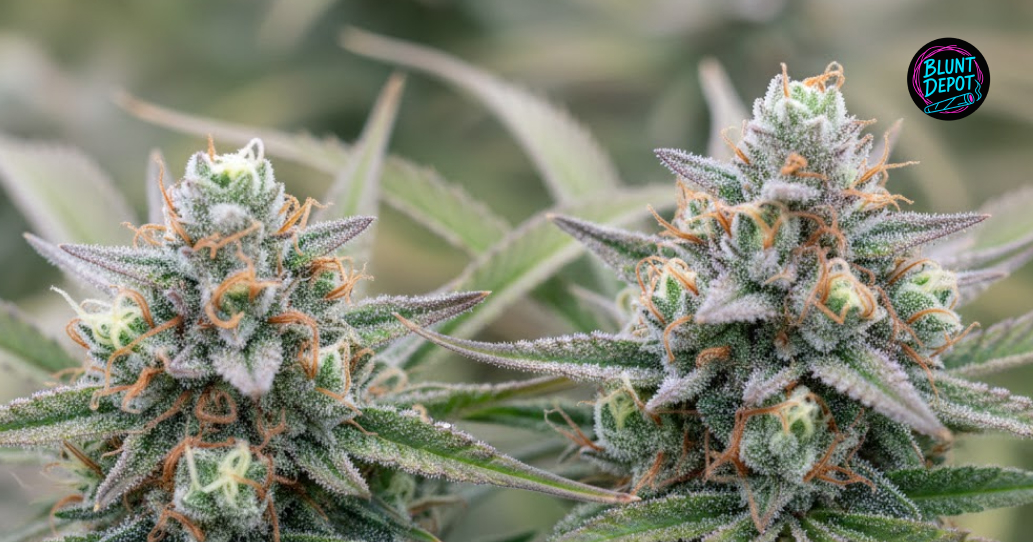 Two frosty Khalifa Kush weed strain colas showing off their silver-white resin coating and light green hues.