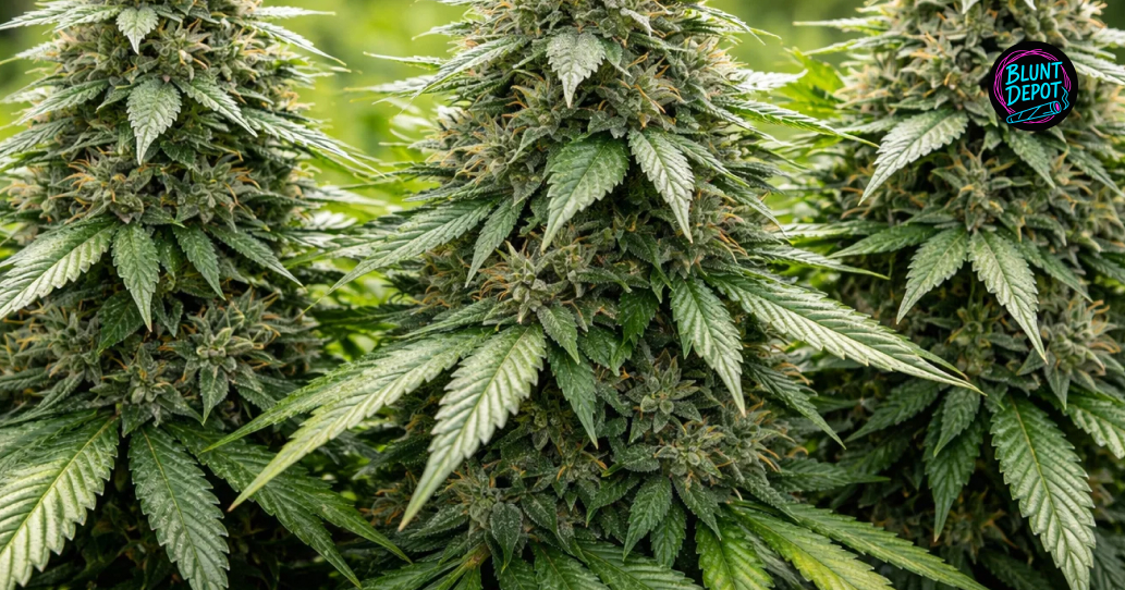 Three large flowering colas of the Skunk 1 strain standing tall in a professional garden.