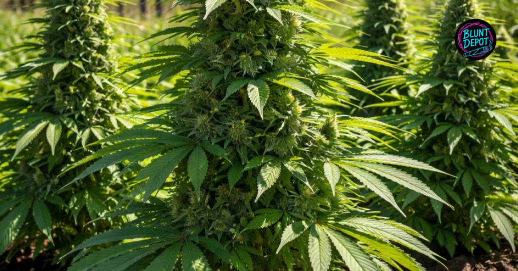 A close-up of a vibrant green cannabis leaf from the Jungle Cake strain covered in a fine layer of sparkling trichomes.