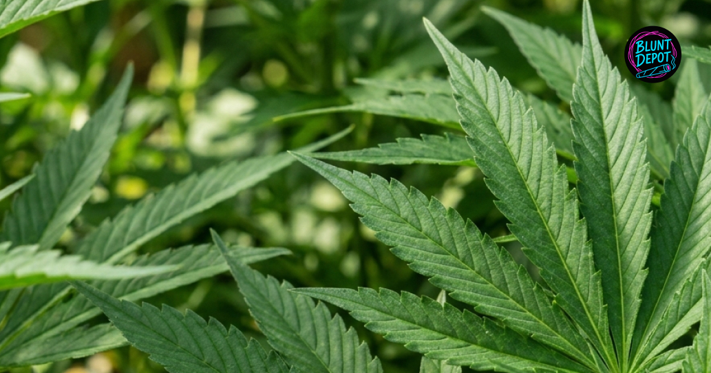 Macro view of a healthy green cannabis fan leaf from the Ice Cream weed strain highlighting its serrated edges.