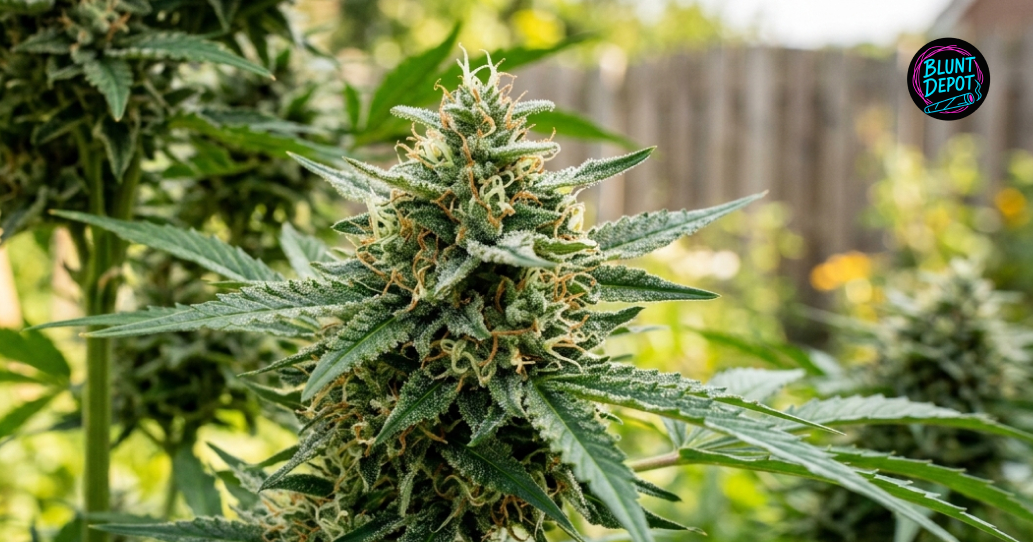 A large, vertical Tropical Runtz weed strain cola with many white pistils and a heavy coating of resin.