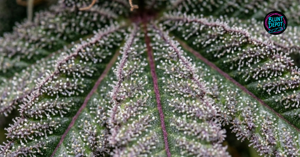 Close-up of a dark purple and green cannabis leaf from a Grape Gasoline plant covered in frosty trichomes.