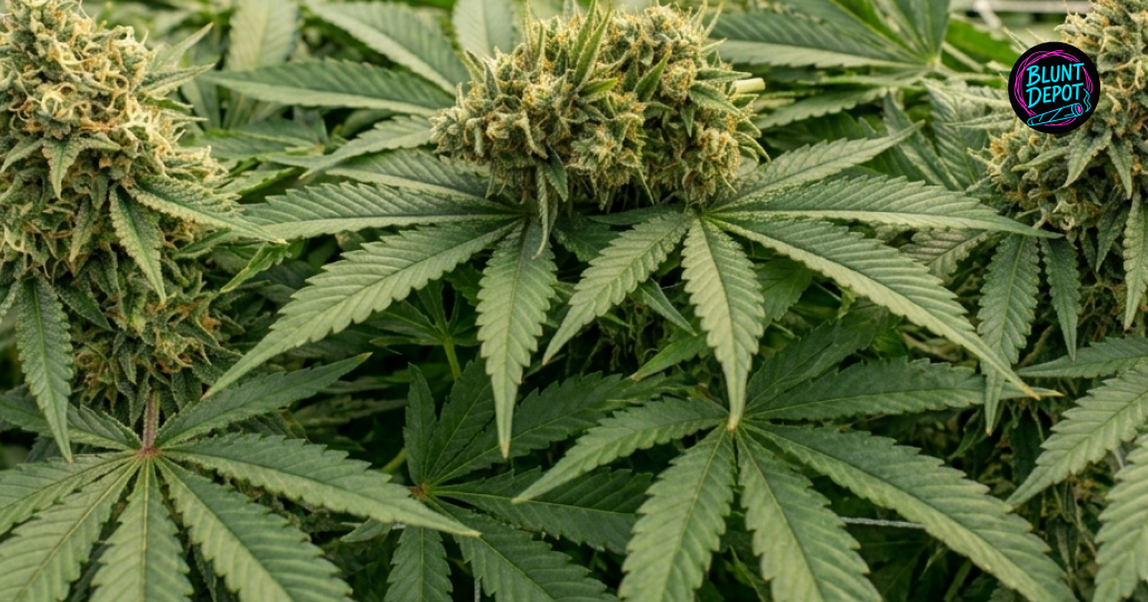 Macro view of a green cannabis leaf from a Lilac Diesel plant covered in frosty white trichomes.