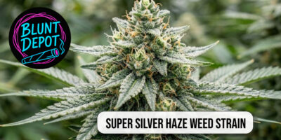 Macro shot of Super Silver Haze weed strain buds covered in trichomes