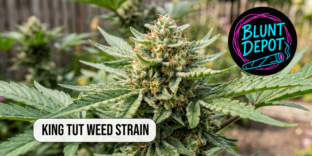 A close-up of a vibrant King Tut weed strain bud with dense green calyxes and bright orange hairs.
