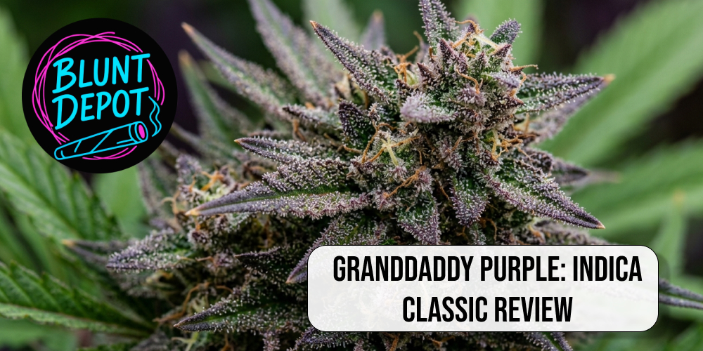 Close-up of a Granddaddy Purple strain flower showing deep purple leaves and frosty trichomes.