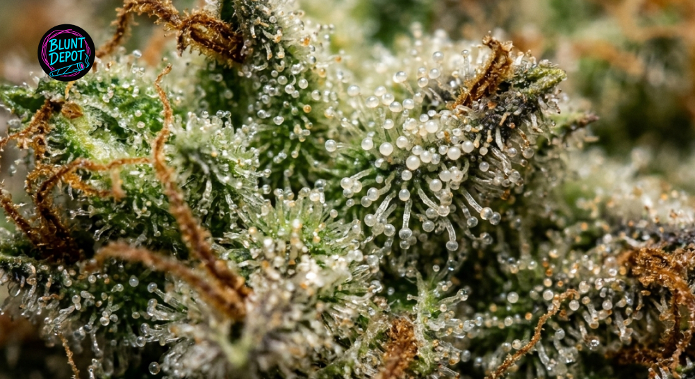 Extreme macro photography of bulbous crystal trichomes on a White 99 cannabis bud.