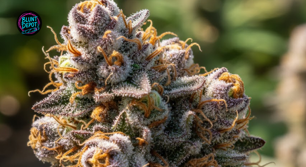 Detailed close-up of amber and milky trichomes on a resinous Lemon Tree strain cannabis bud.