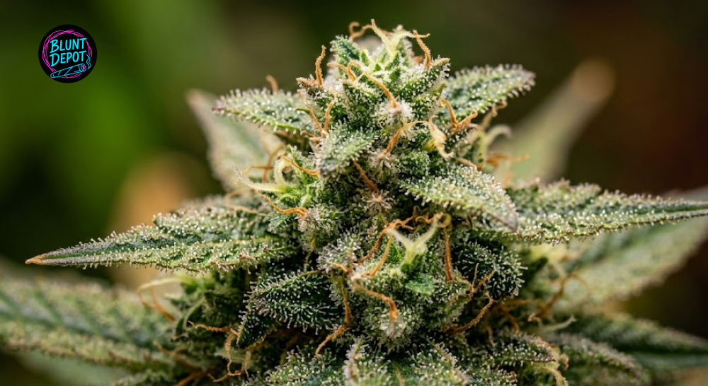 Detailed close-up of milky white trichomes and resinous glands on a Sour Apple strain cannabis bud.