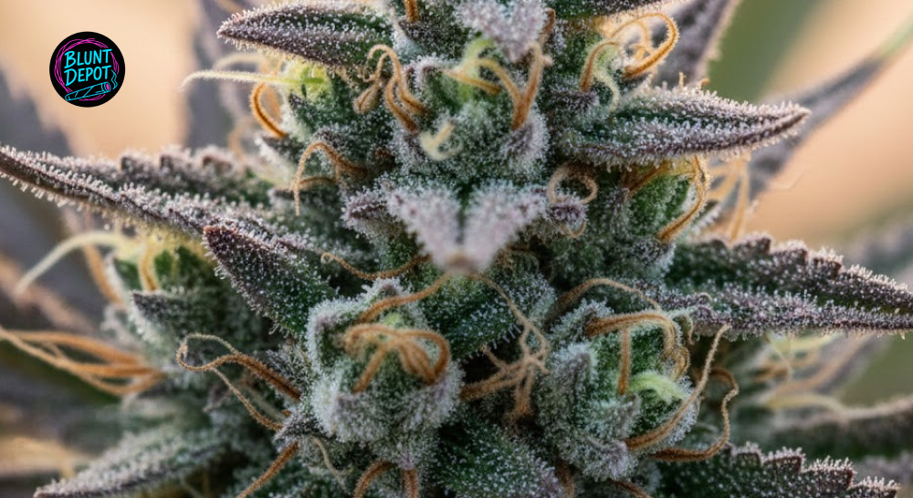 Macro photography of the Phantom Cookies strain highlighting the crystalline resin glands and amber hairs.
