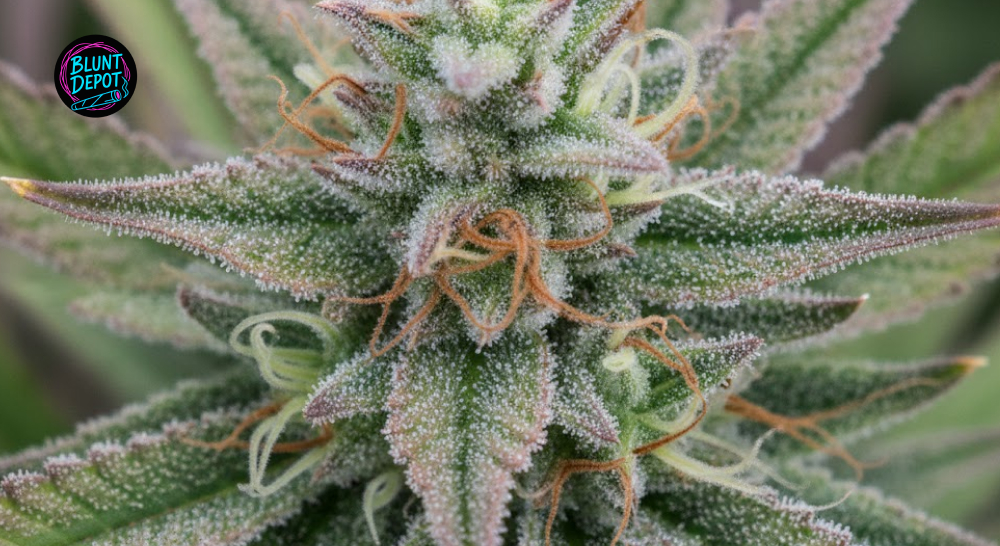 Extreme close-up of the Mango Haze strain's frosty trichomes and curly amber stigmas on a flowering bud.