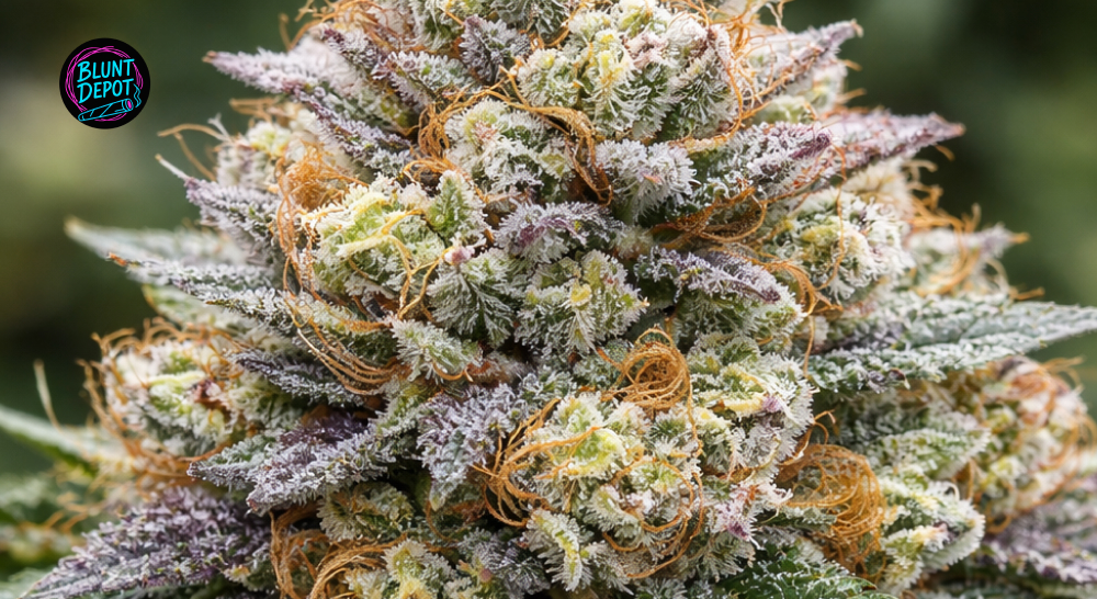 Close-up of a resin-rich GSC strain bud with bright orange pistils weaving through purple and green foliage.