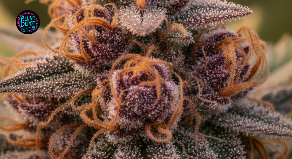Extreme close-up of the Red Congolese strain highlighting crystalline resin glands and amber stigmas.