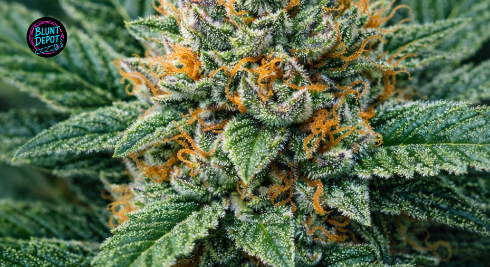 A detailed close-up of Lemon Poppers weed strain trichomes weaving through orange pistils and lime-green foliage.