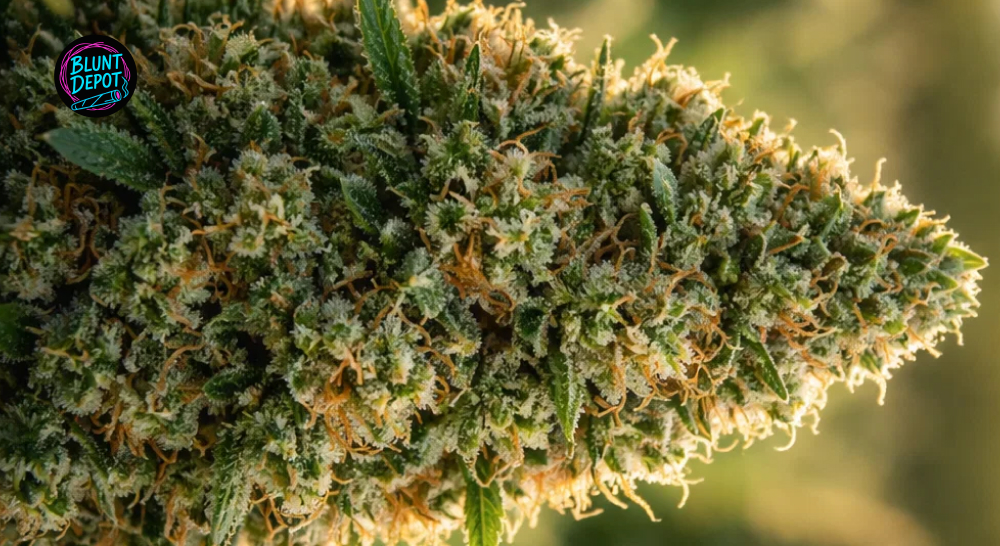 Extreme close-up of Sour Jack weed strain trichomes and amber pistils on a frosty cannabis flower.