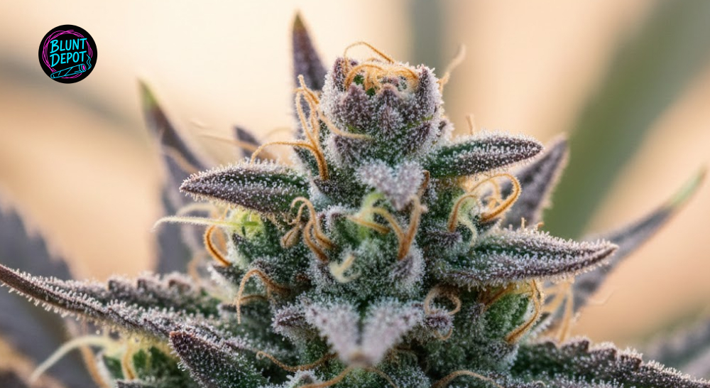 Extreme macro photography of the Jenny Kush weed strain highlighting its crystalline frost and delicate orange hairs.