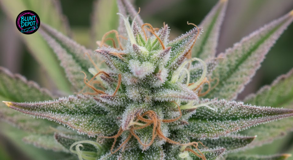 A detailed macro shot of Blue Zkittles weed strain trichomes covering bright orange hairs and dark foliage.