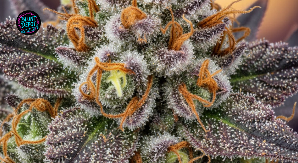 Extreme close-up of amber and milky trichomes on the surface of a Jackie Chan cannabis flower.