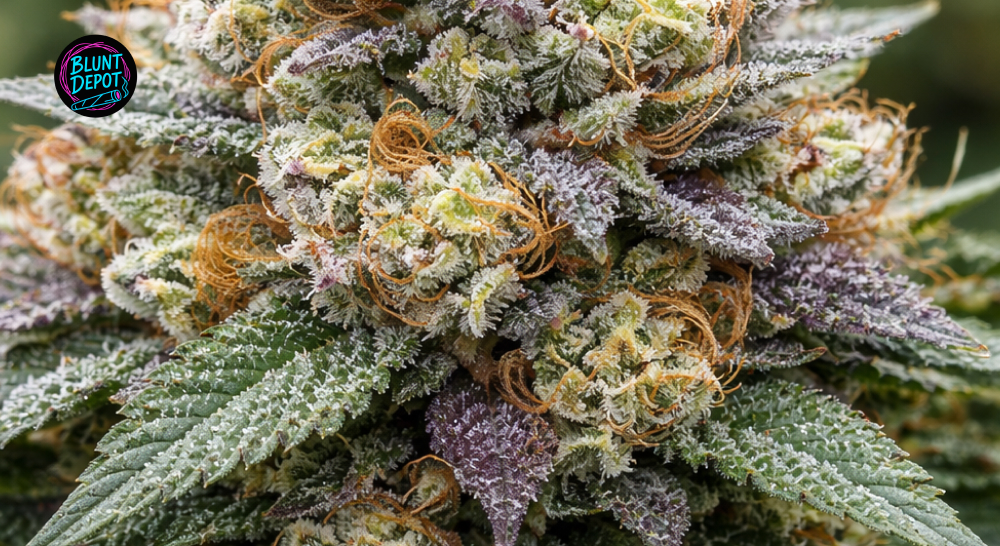 Extreme macro view of the Chocolope strain bud highlighting crystalline resin glands and amber hairs.