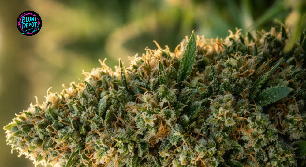 A detailed close-up of Devil Driver weed strain trichomes covering vibrant orange hairs and dark, resinous foliage.