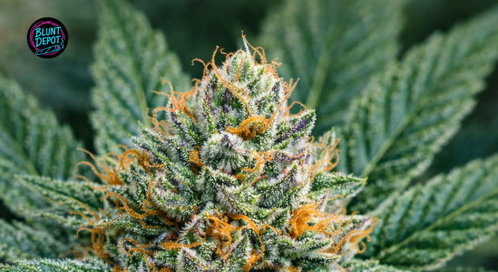 Extreme macro photography of Tangerine Dream weed strain trichomes covering vibrant orange stigmas and lime-green calyxes.