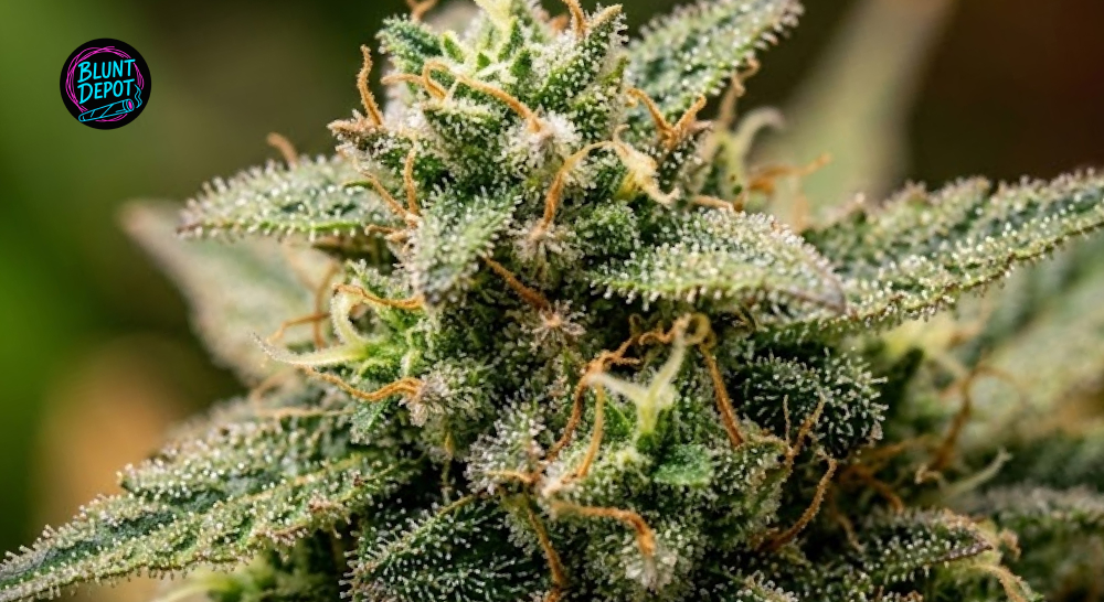 A detailed close-up of Wedding Pie weed strain trichomes covering vibrant orange hairs and dark, resinous foliage.